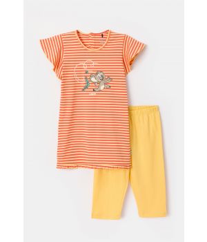 Woody Meisjes-Dames Pyjama roest-geel streep