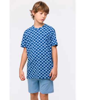Woody Jongens-Heren Pyjama blauwe ruitjes print