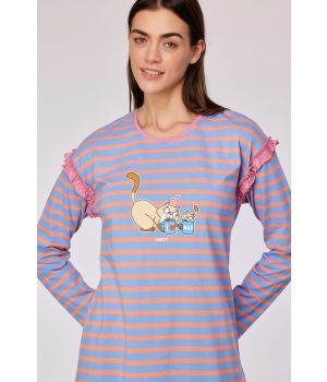 Woody Meisjes-Dames pyjama blauw-roze streep