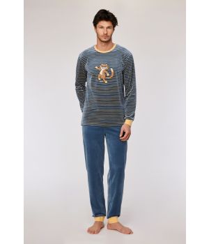 Woody Jongens-Heren pyjama antraciet-gele stree