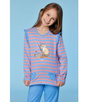 Woody Meisjes-Dames pyjama blauw-roze streep
