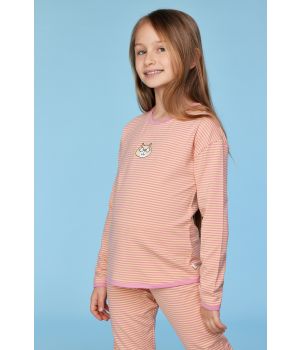 Woody Meisjes-Dames pyjama roze-gele streep