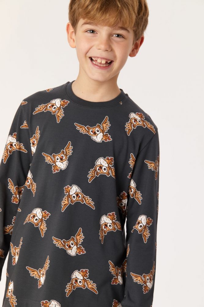 Woody Jongens-Heren Pyjama antraciet uil