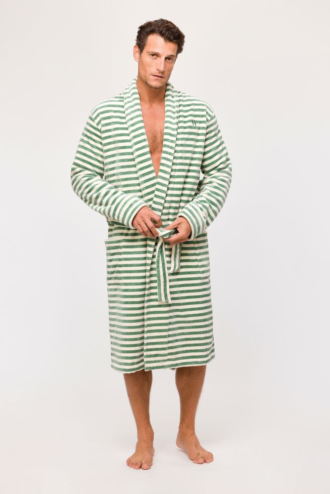 Woody Heren Badjas groen-beige streep