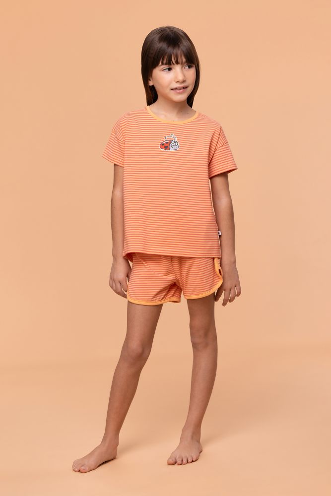 Woody Meisjes-Dames Pyjama koraal-oranje streep