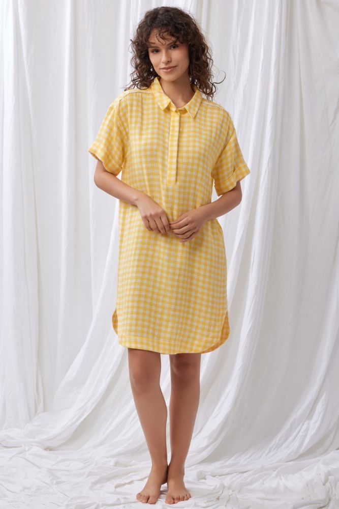 Lords x Lilies Jurk geel witte ruit