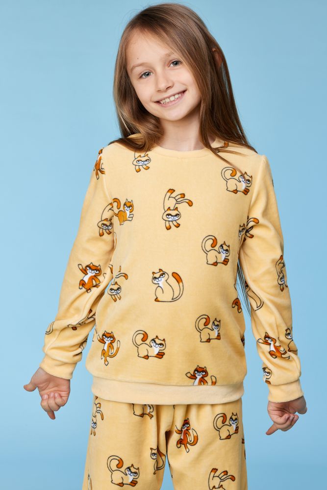 Woody Meisjes-Dames pyjama gele kattenprint